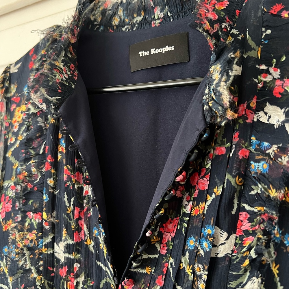 The Kooples Avian & Floral Print Silk Shift Swing Long Sleeve Dress - 2 / M - Picture 5 of 11
